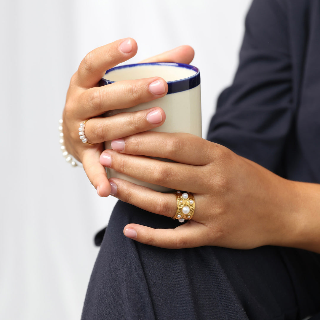 Kerstin - Hammered Pearl Ring Stainless Steel