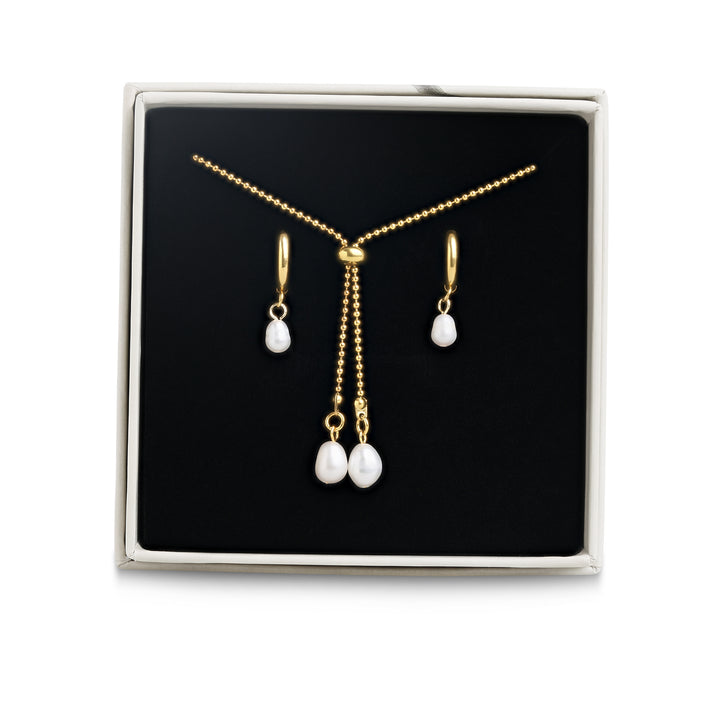 Jewellery Set - Pearl Earrings &amp; Necklace Stainless Steel