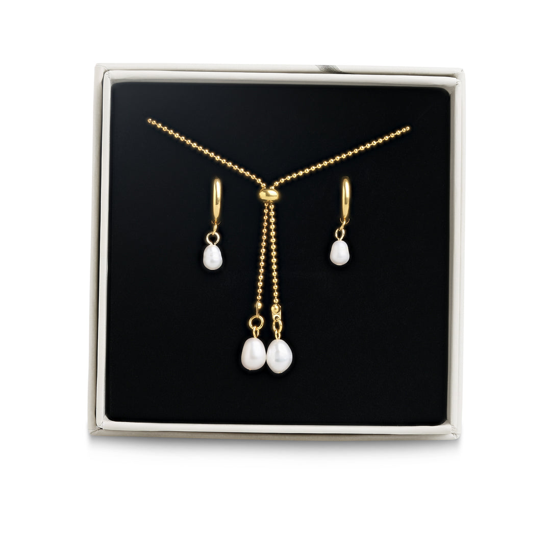 Jewellery Set - Pearl Earrings &amp; Necklace Stainless Steel